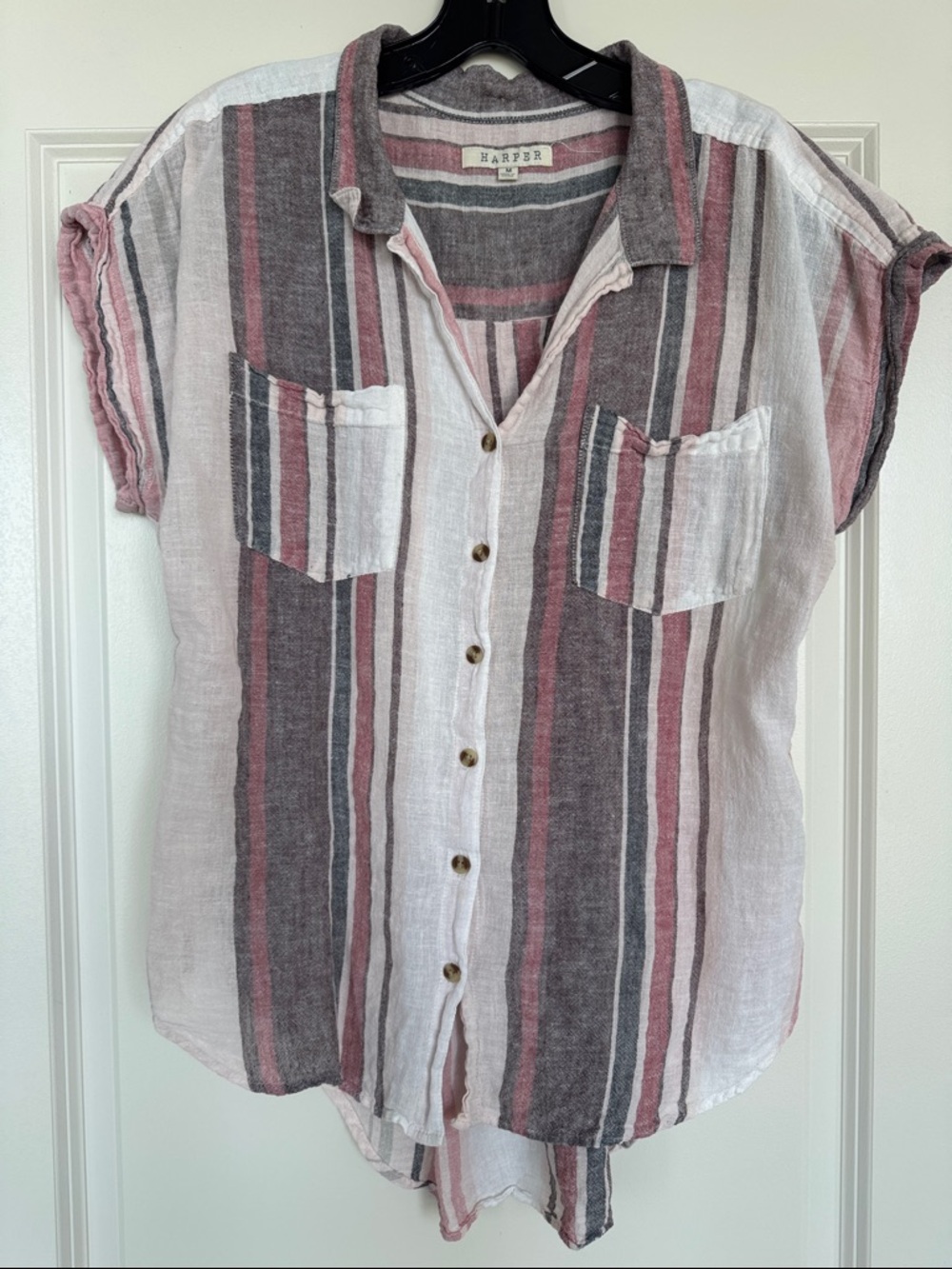 Harper Vertical Stripe Button-Up Top in Rose, Gray & White